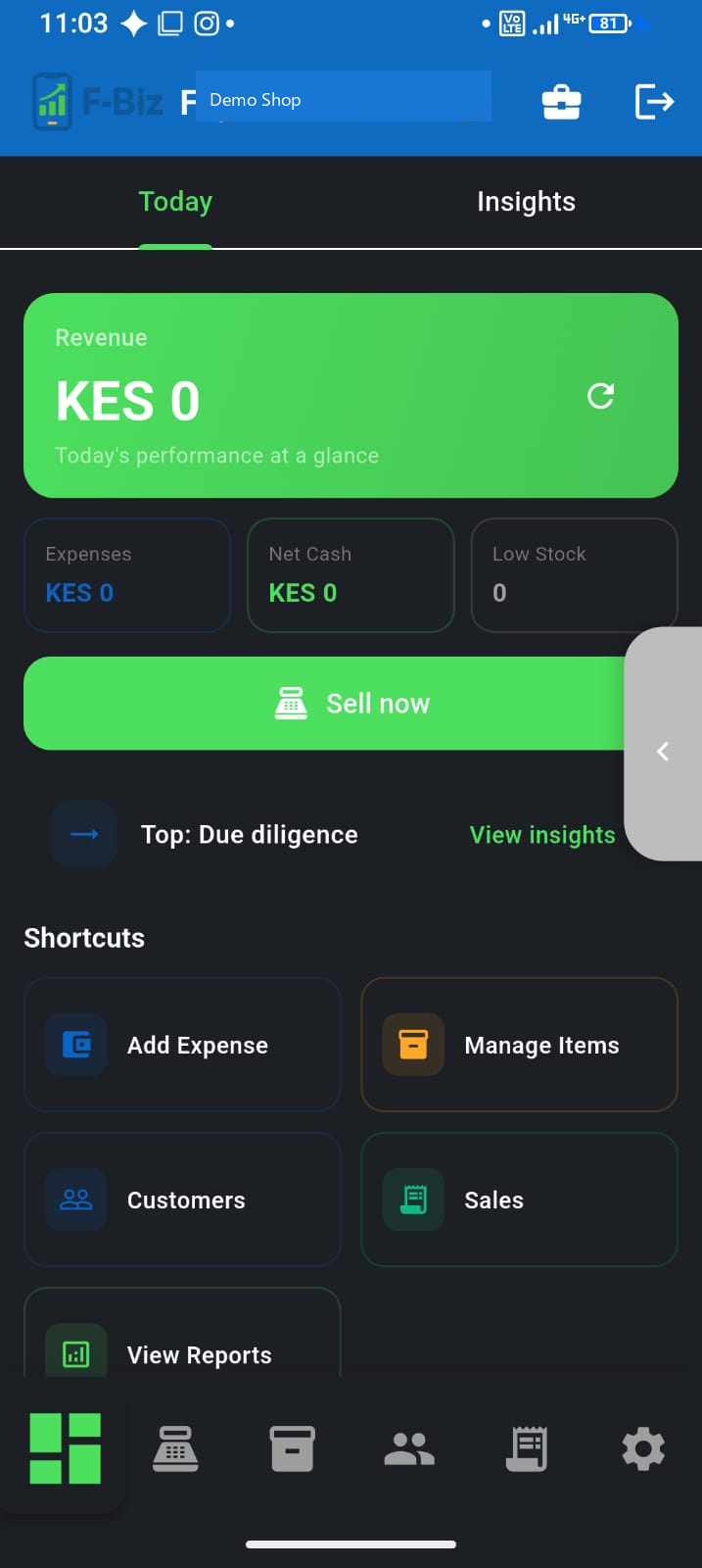 F-Biz dashboard showing today's revenue and shortcuts