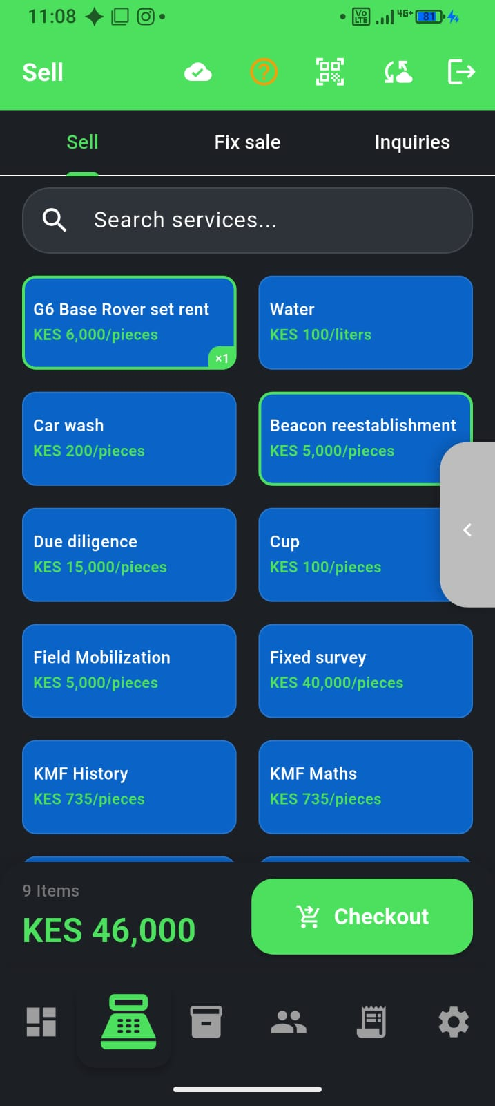 F-Biz POS sell screen with services and checkout