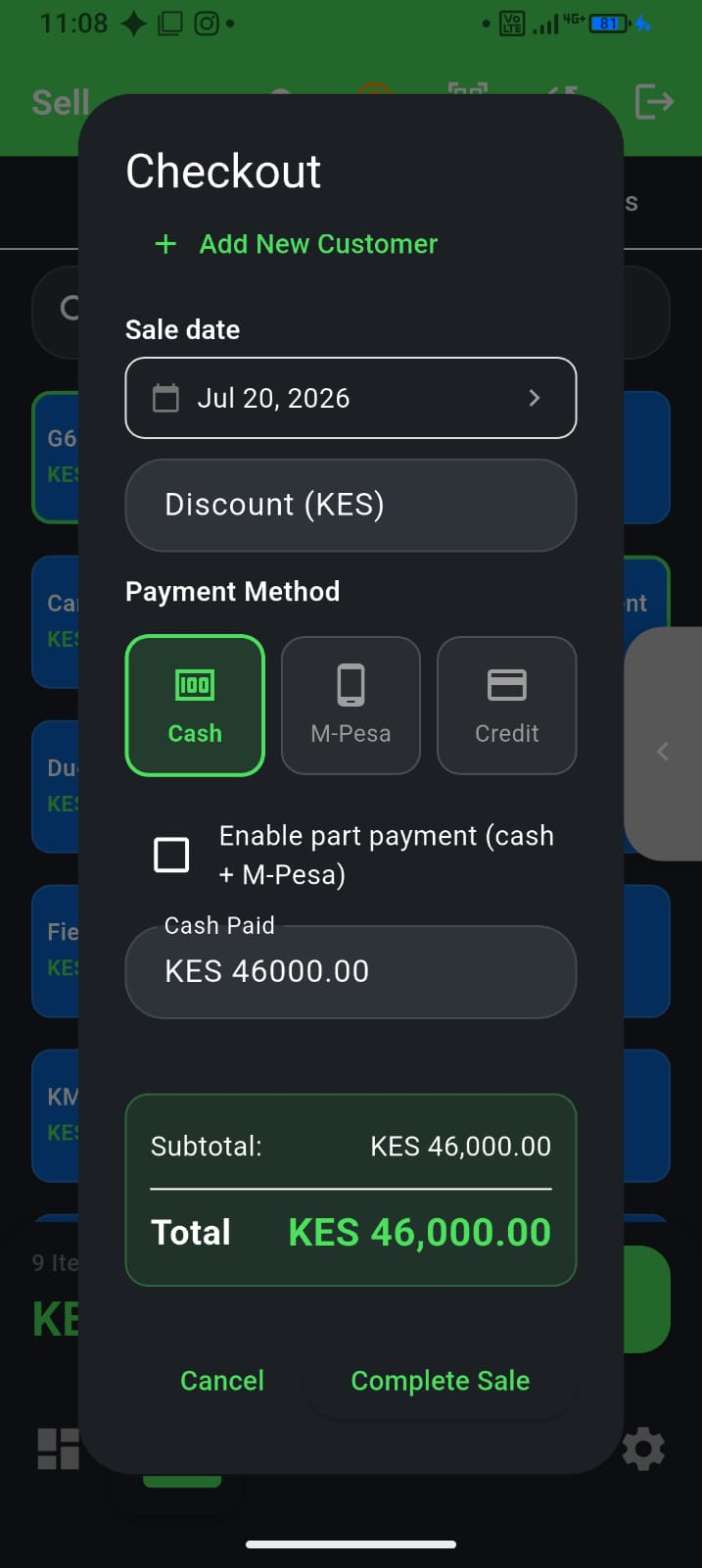 F-Biz checkout with payment method selection
