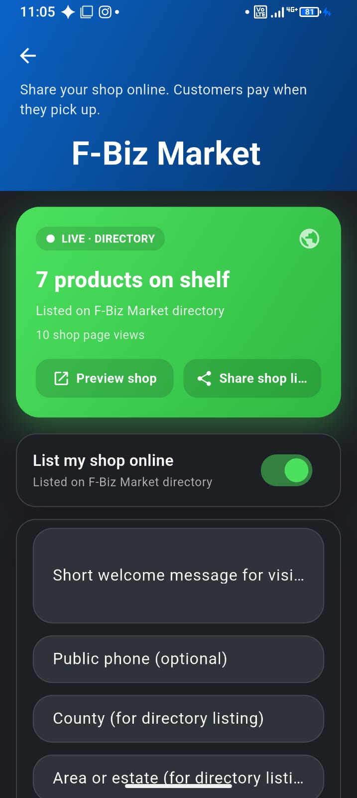 F-Biz Market hub to list your shop online