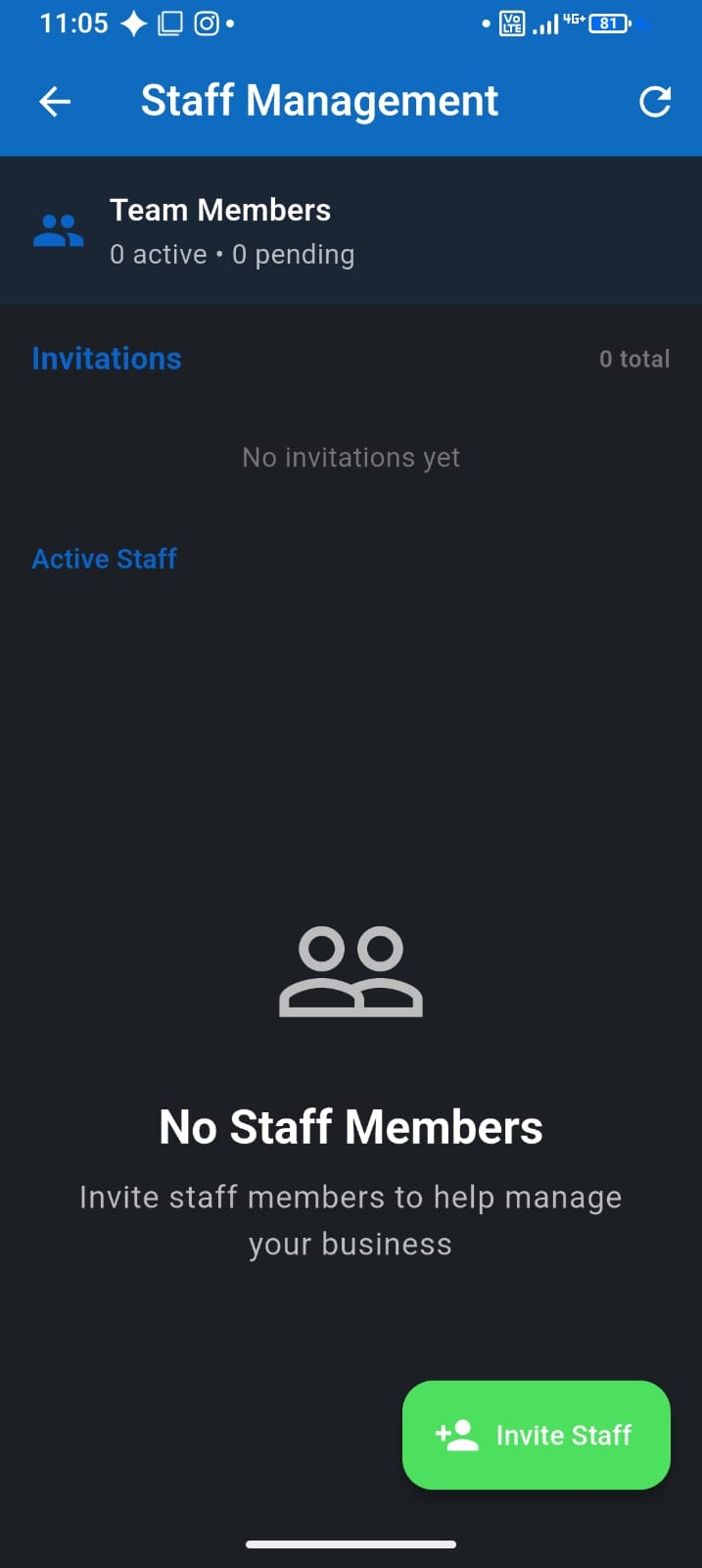 Staff and family shop setup — F-Biz app screenshot